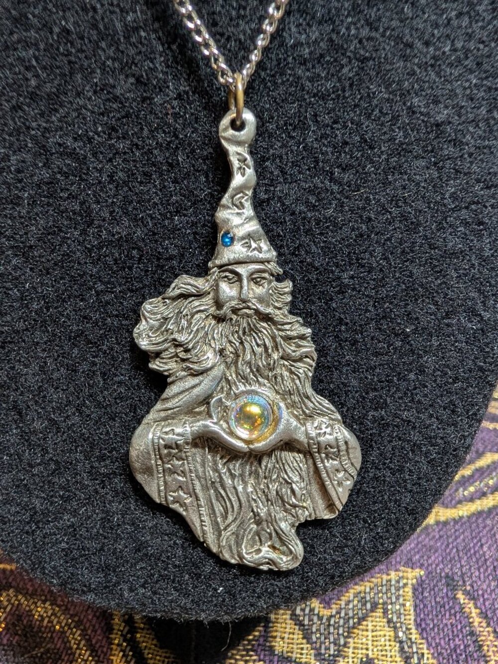 Vintage 1987 Gallo Pewter Wizard Pendant Necklace Crystal Ball AB Celestial